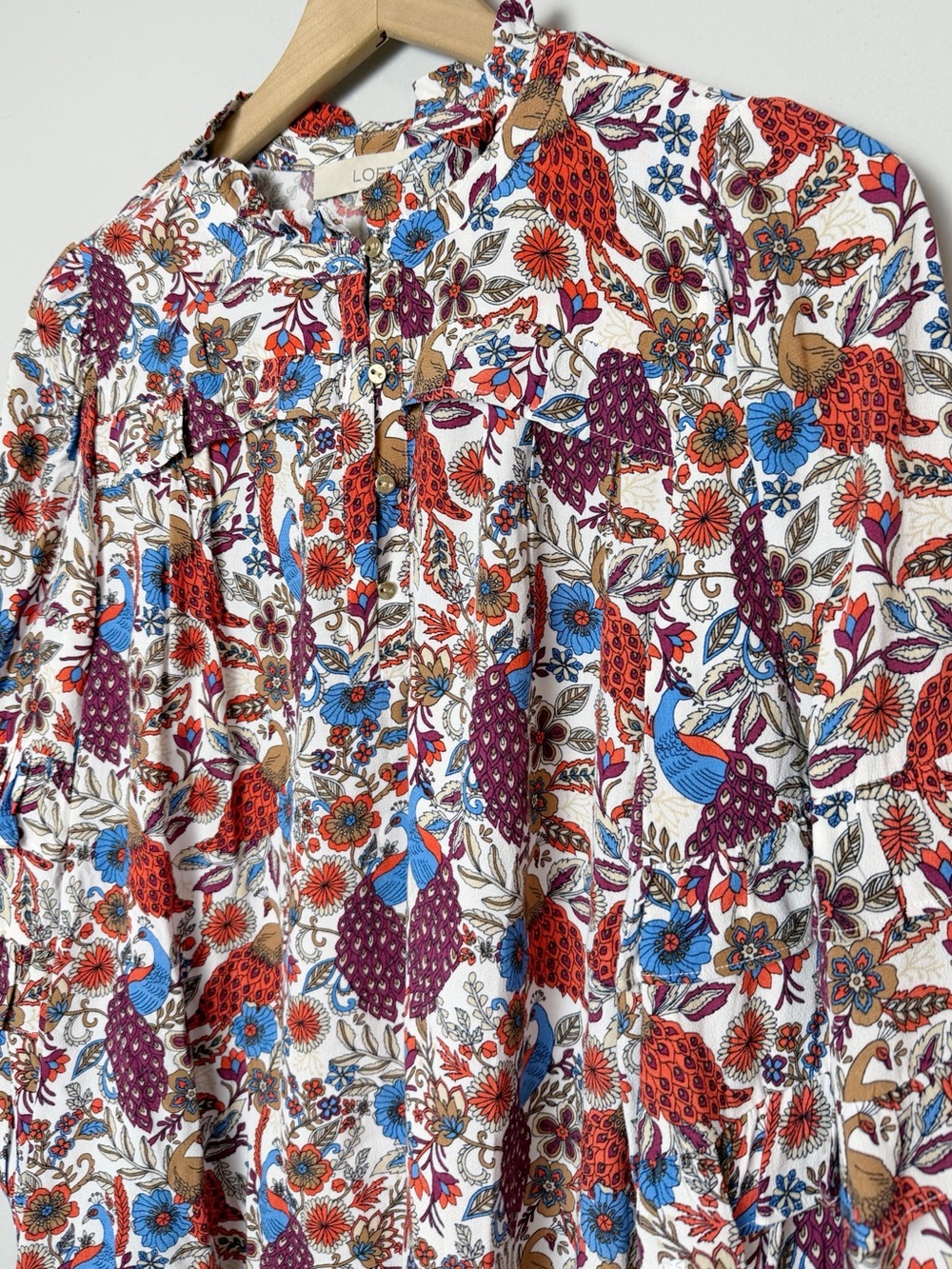Loft Peacock Print Ruffle Button Blouse - Picture 7 of 13